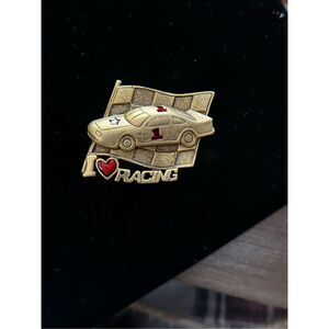 Donecraft Gold Tone Chunky Racing brooch Pin | I Love Racing Brooch | Car Racing